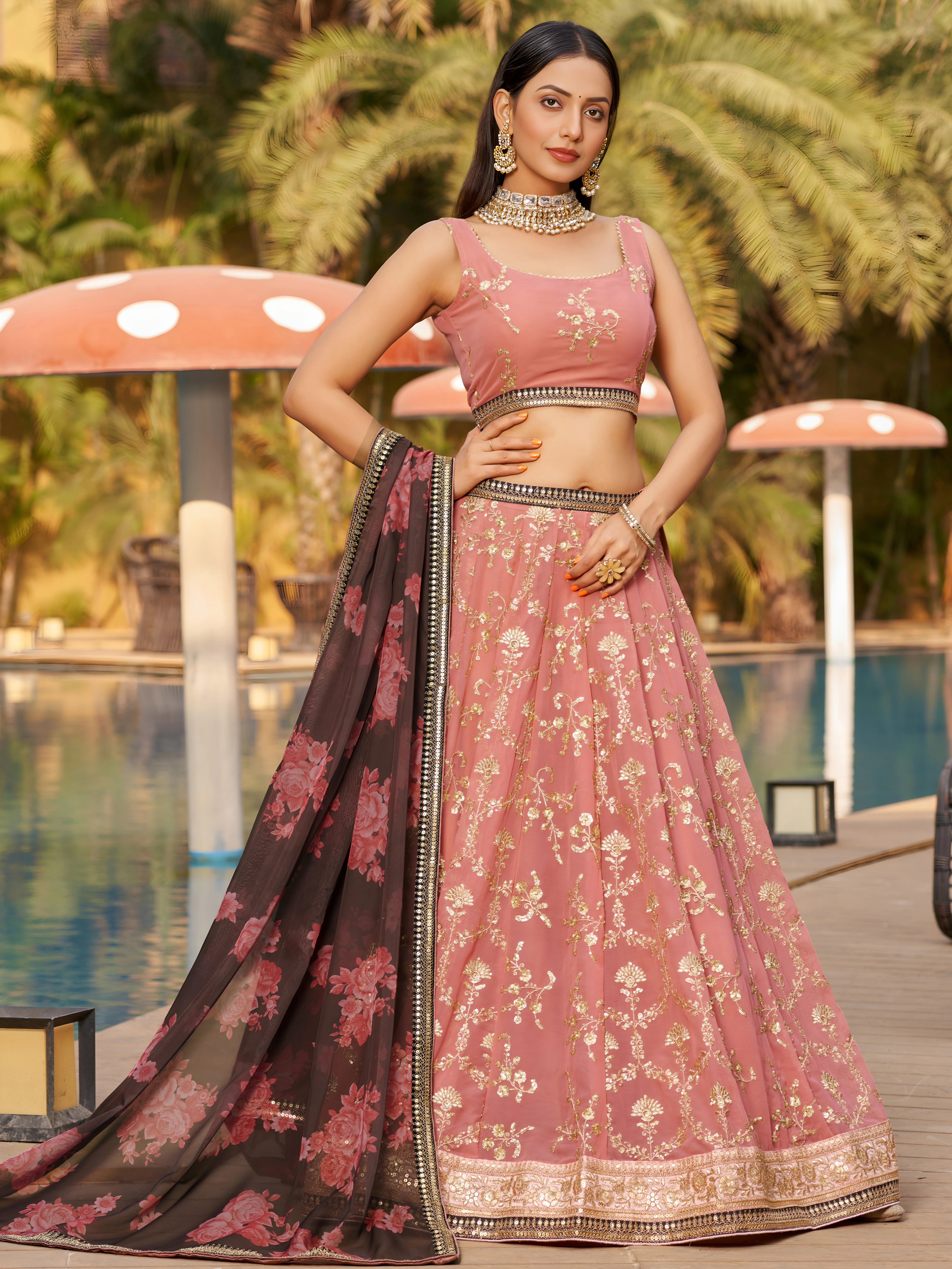 Navya Dusty Pink Color Embroidered Lehenga Choli with Floral Dupatta