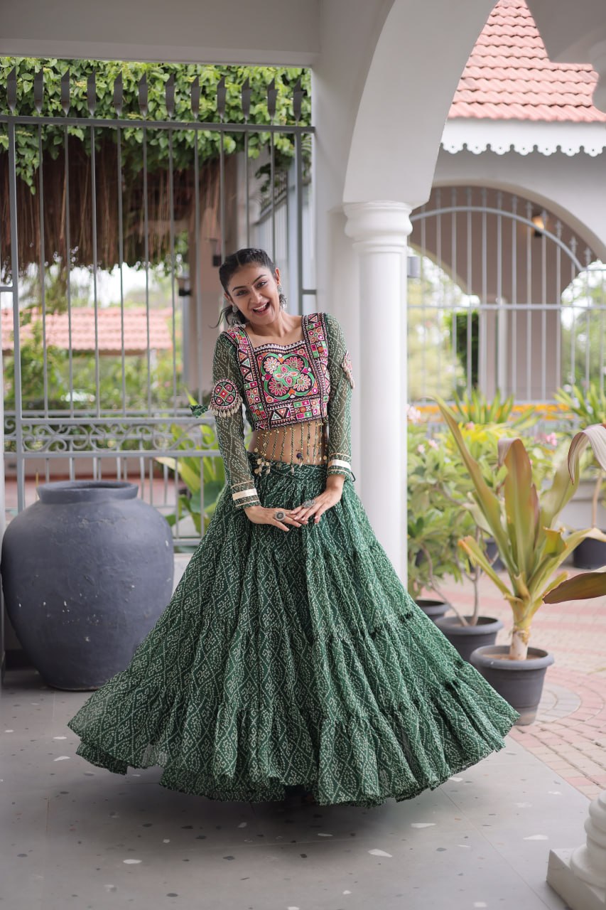 Anjali Green Faux Georgette Bandhani Kutchi Patchework Lehenga