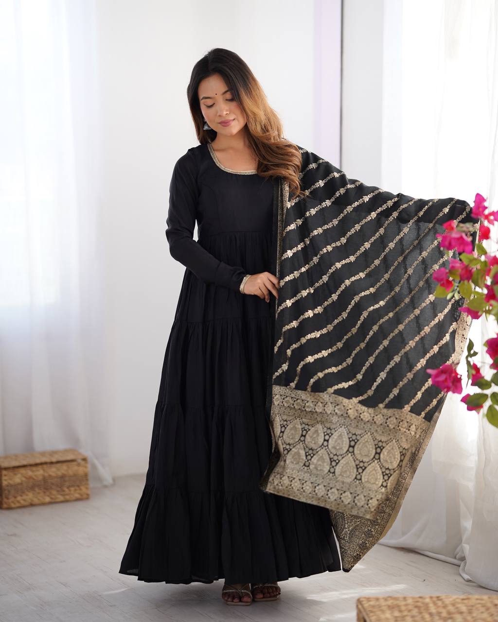 Black Roman Silk Anarkali suit with 9-meter flair, Banarasi dupatta & pant—elegant festive wear for weddings, parties & traditional occasions.