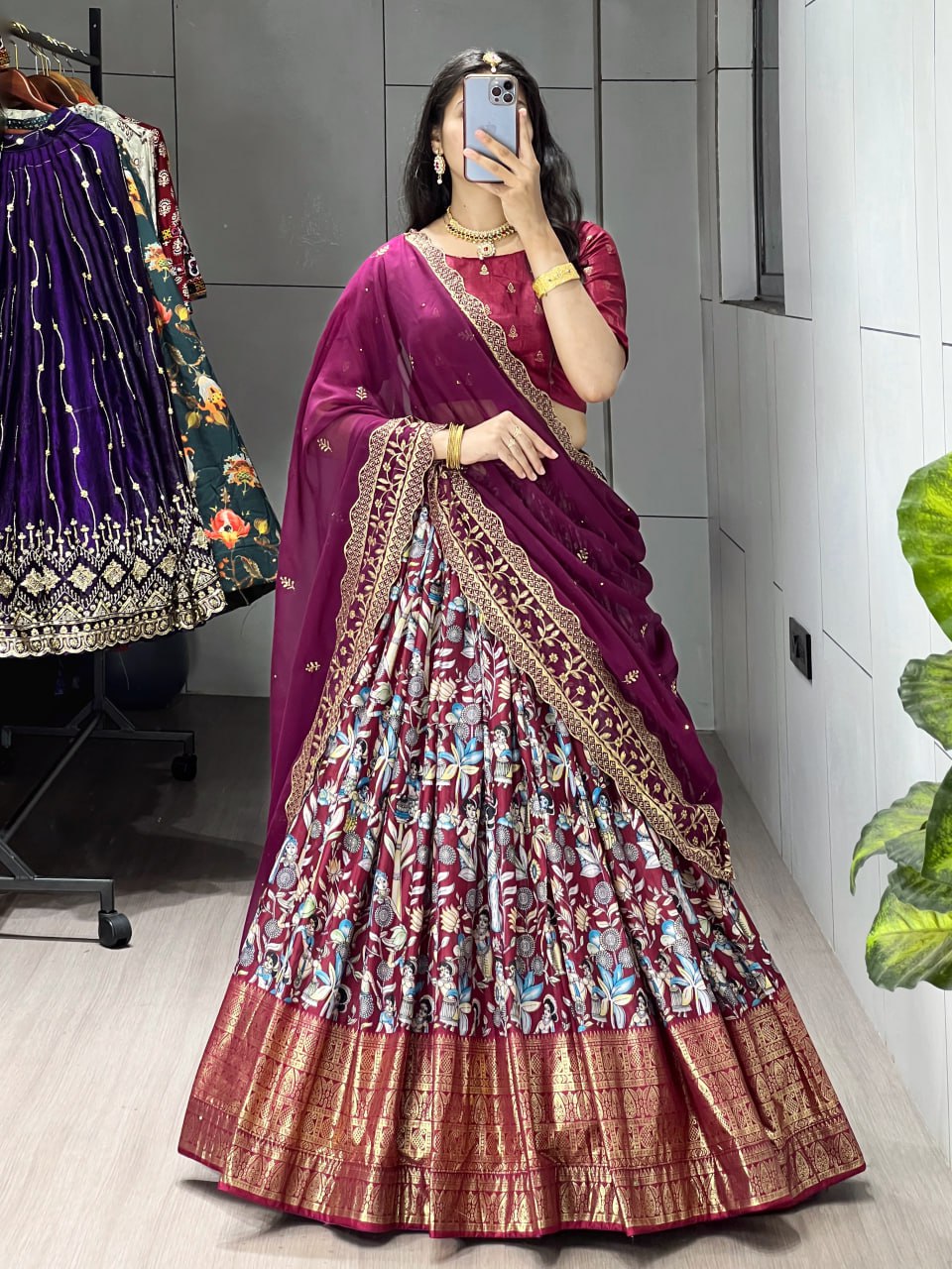 Maroon Color Kalamkari Soft Dola Silk Half Saree Lehenga with Embroidered Dupatta