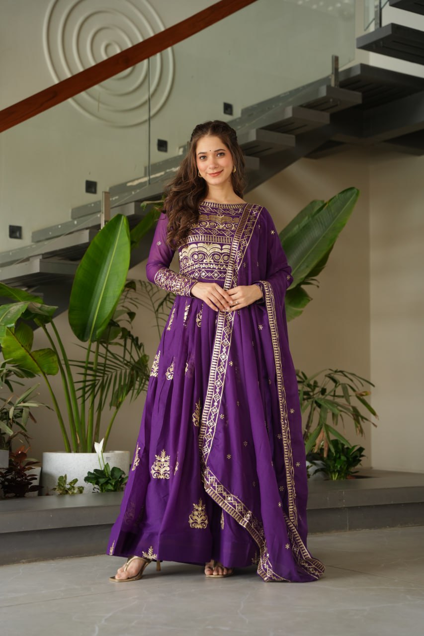 Purple Chinnon gown set with multi-colored sequins and beads embroidery, full sleeves, and matching embroidered dupatta – ideal for festive and wedding occasions
