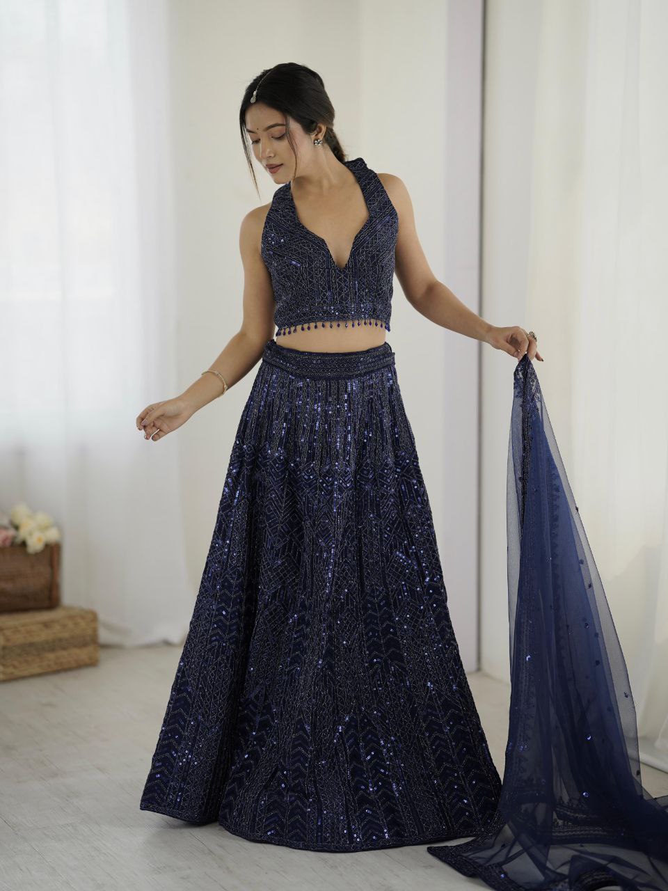 Navy blue georgette sequins and dori work lehenga choli with dupatta