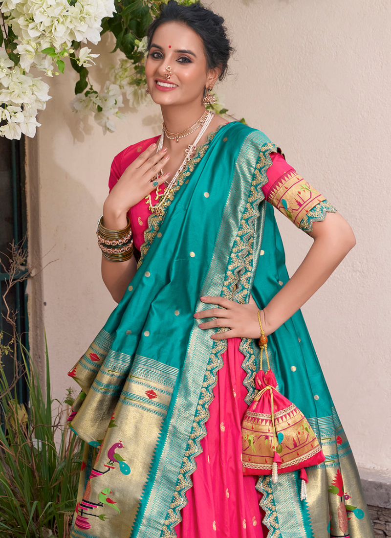 Shop Bright Pink Jacquard Silk Paithani Lehenga Choli with Dupatta & Batwa. Zari weaving, sequins work & 3.80m flair. Perfect for bridal & festive wear.