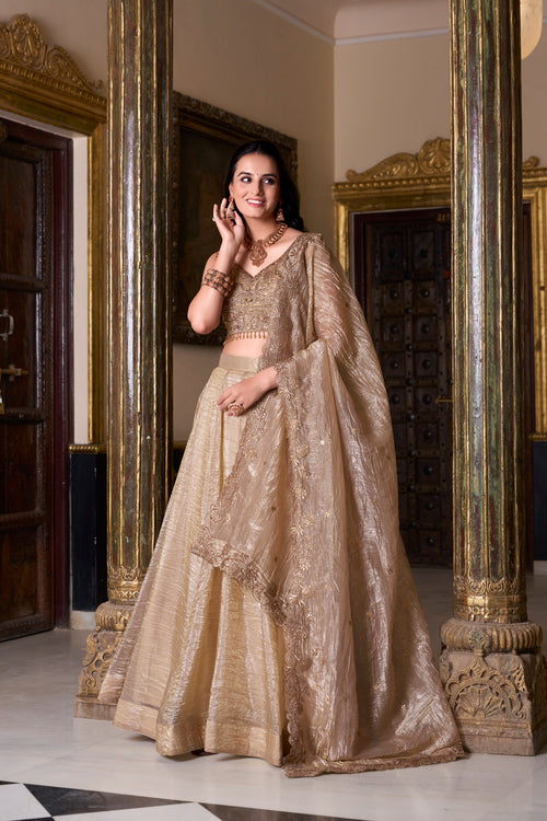Antique golden gold crush lehenga choli with sequins embroidered dupatta