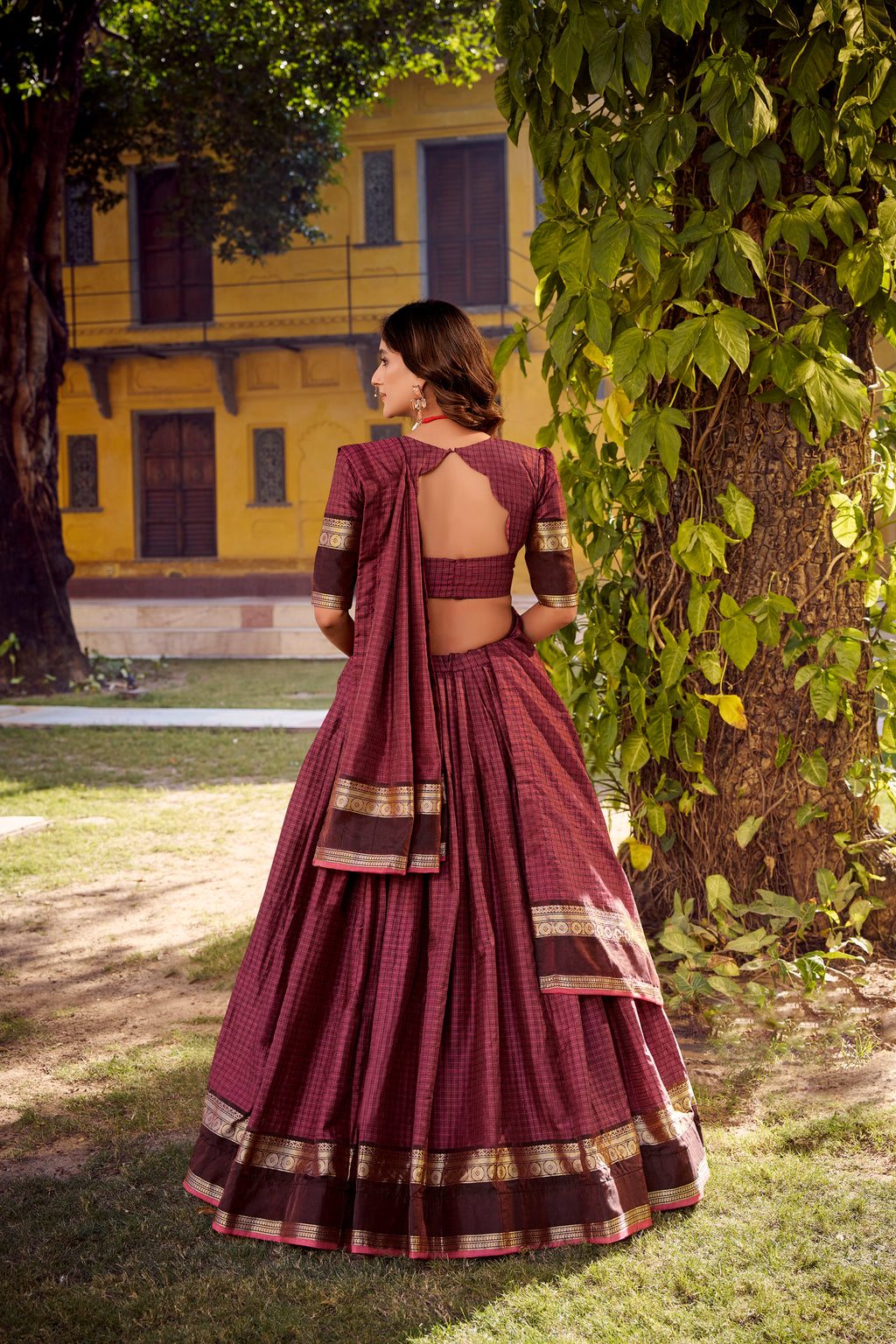 Rimi Mulberry Color Chettinad Cotton Chex With Zari Weaving Work Half-Saree Lehenga