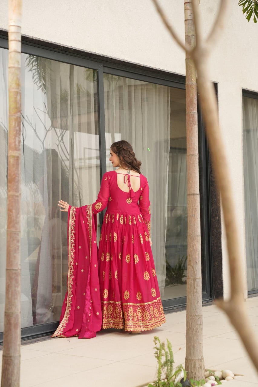 Rudrika Pink Embroidered Gown in soft Star Georgette with intricate zari and sequin work, full-length 56-inch flare gown with matching embroidered dupatta, elegant pan neck design, perfect for weddings and festive occasions