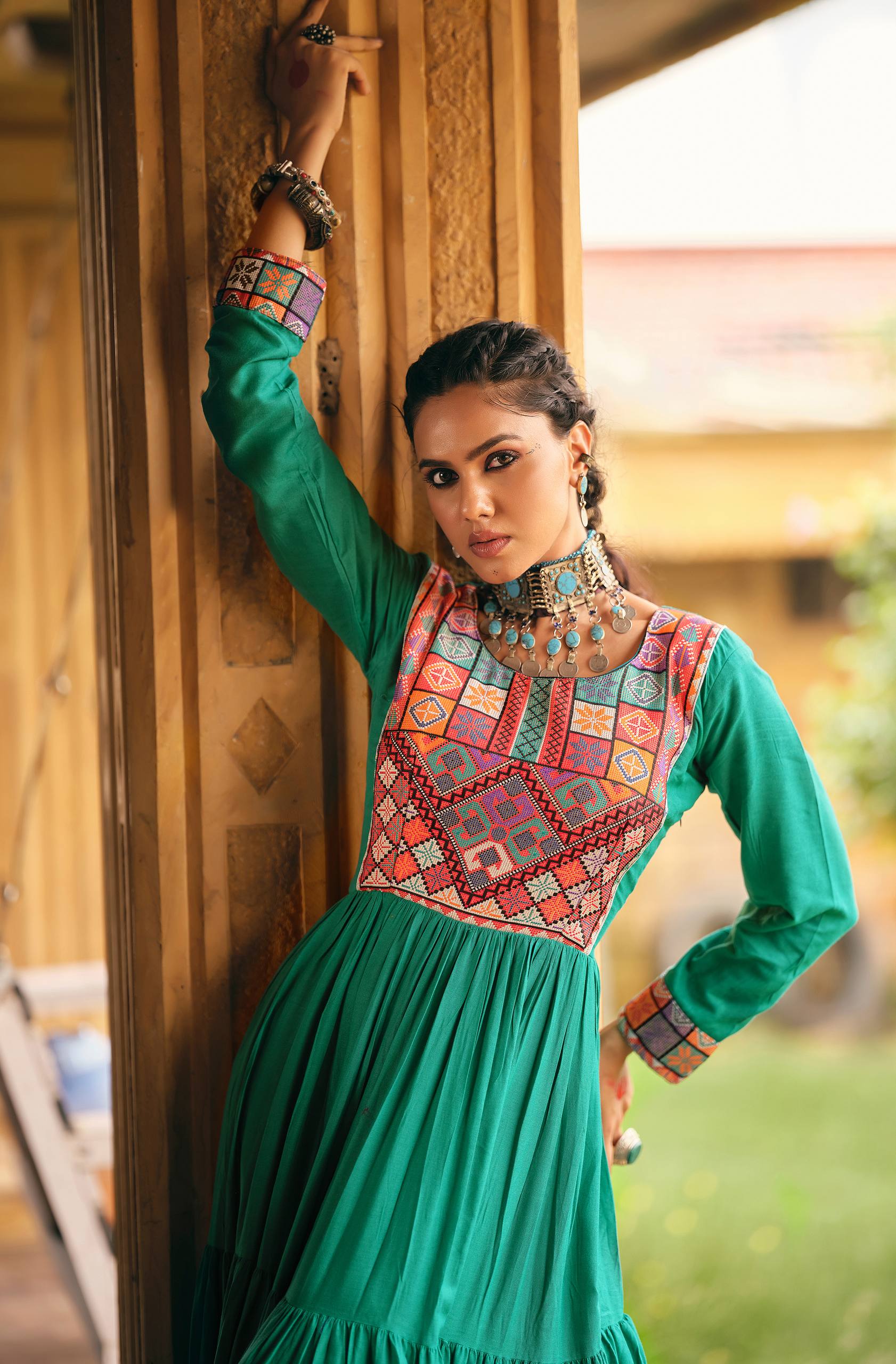 Emerald Green Pure Rayon Gamthi Jacquard Weaving Lace Border Three Layer Ruffle Flair Gown