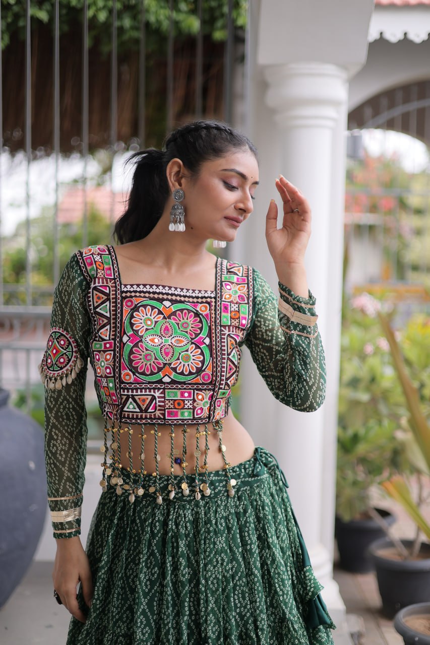 Anjali Green Faux Georgette Bandhani Kutchi Patchework Lehenga