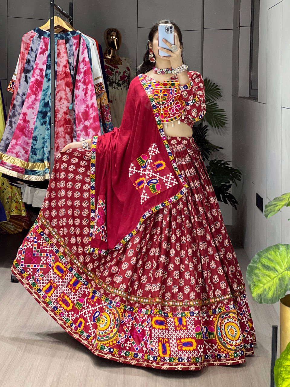 Maroon Ajrakh Print Rayon Cotton Mirror Work Lehenga Choli