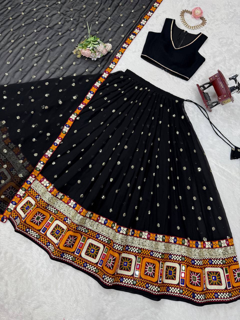 Black Georgette with Gamthi Thread Mirror Work Lehenga Choli with Dupatta