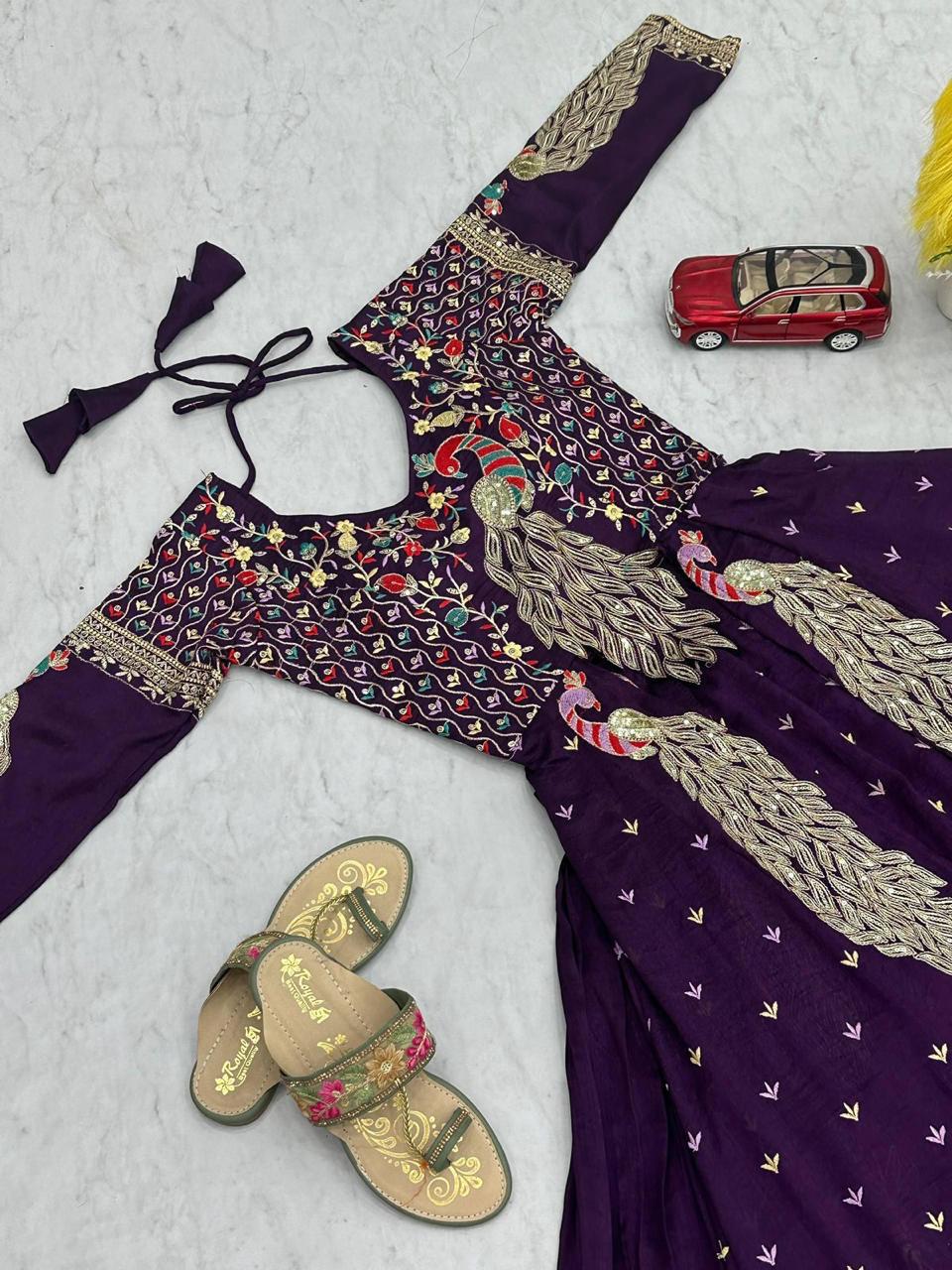 Mani purple Vichitra silk crop top peacock design lehenga with embroidered shrug