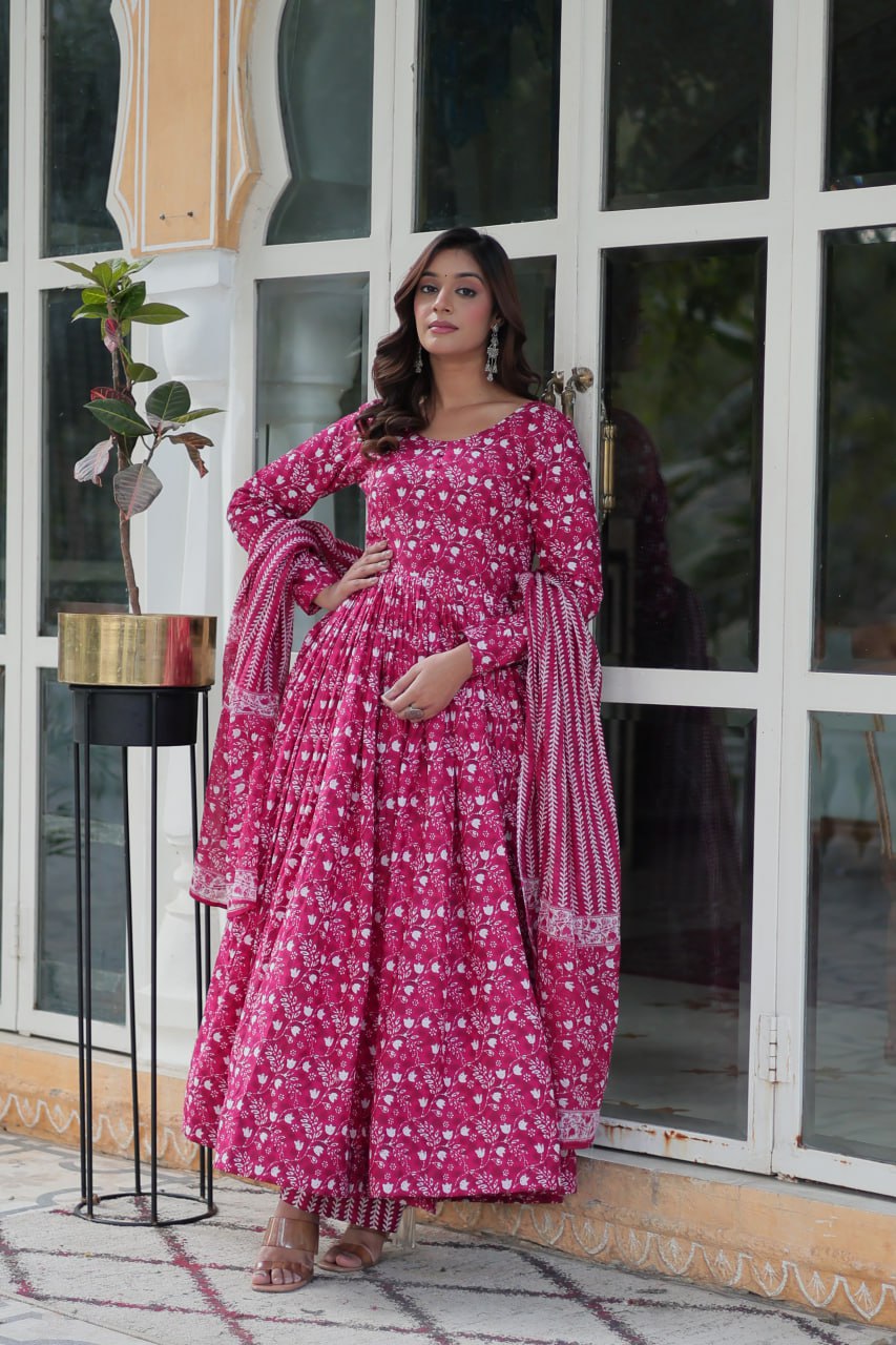 Mahi Pink Pure Cotton Anarkali Set with Dupatta