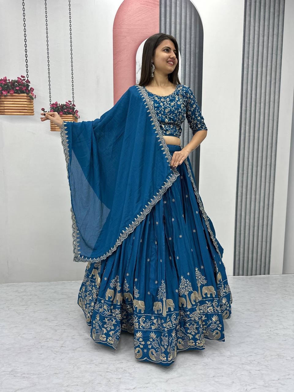 Kanupriya blue chinon embroidered lehenga choli set