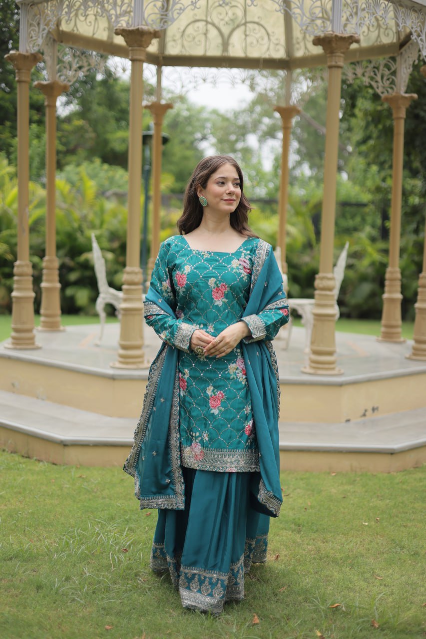 Medhasvi Teal Chinon Embroidered Kurti Sharara Set