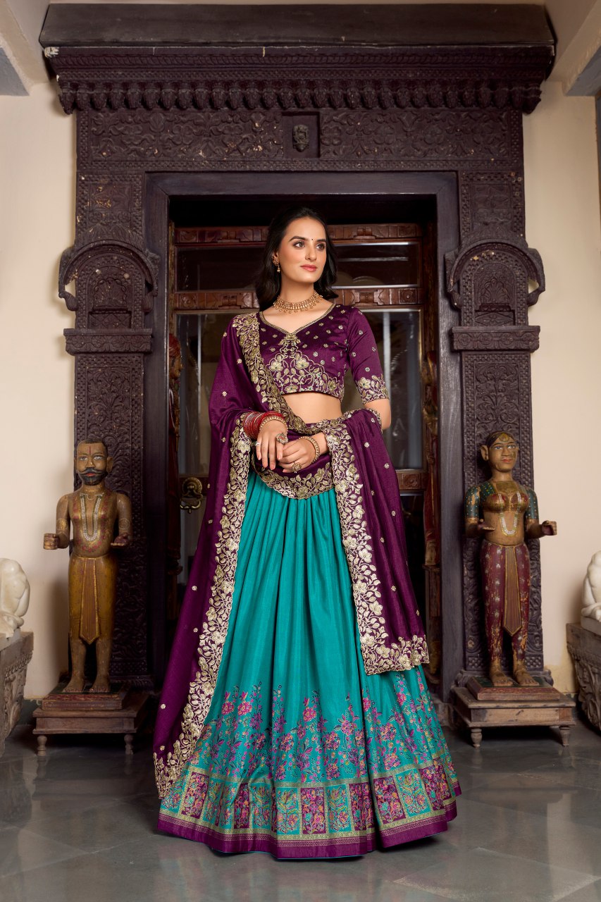Purple tussar silk foil print lehenga choli with embroidered dupatta
