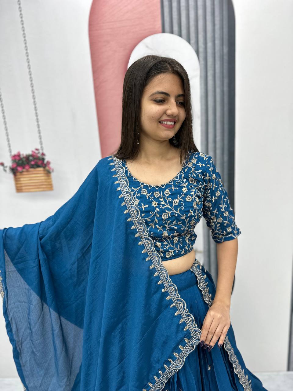 Kanupriya blue chinon embroidered lehenga choli set