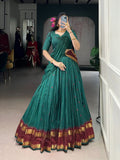 Green Color Pure Chanderi Zari Weaving Half Saree Lehenga Choli