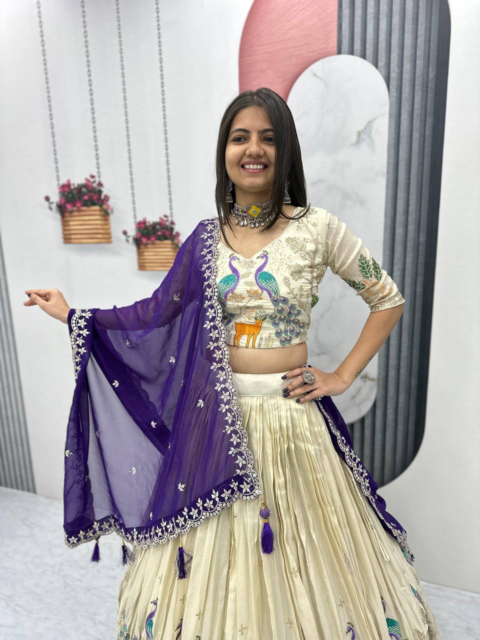 Tarini purple tissue silk embroidered lehenga choli