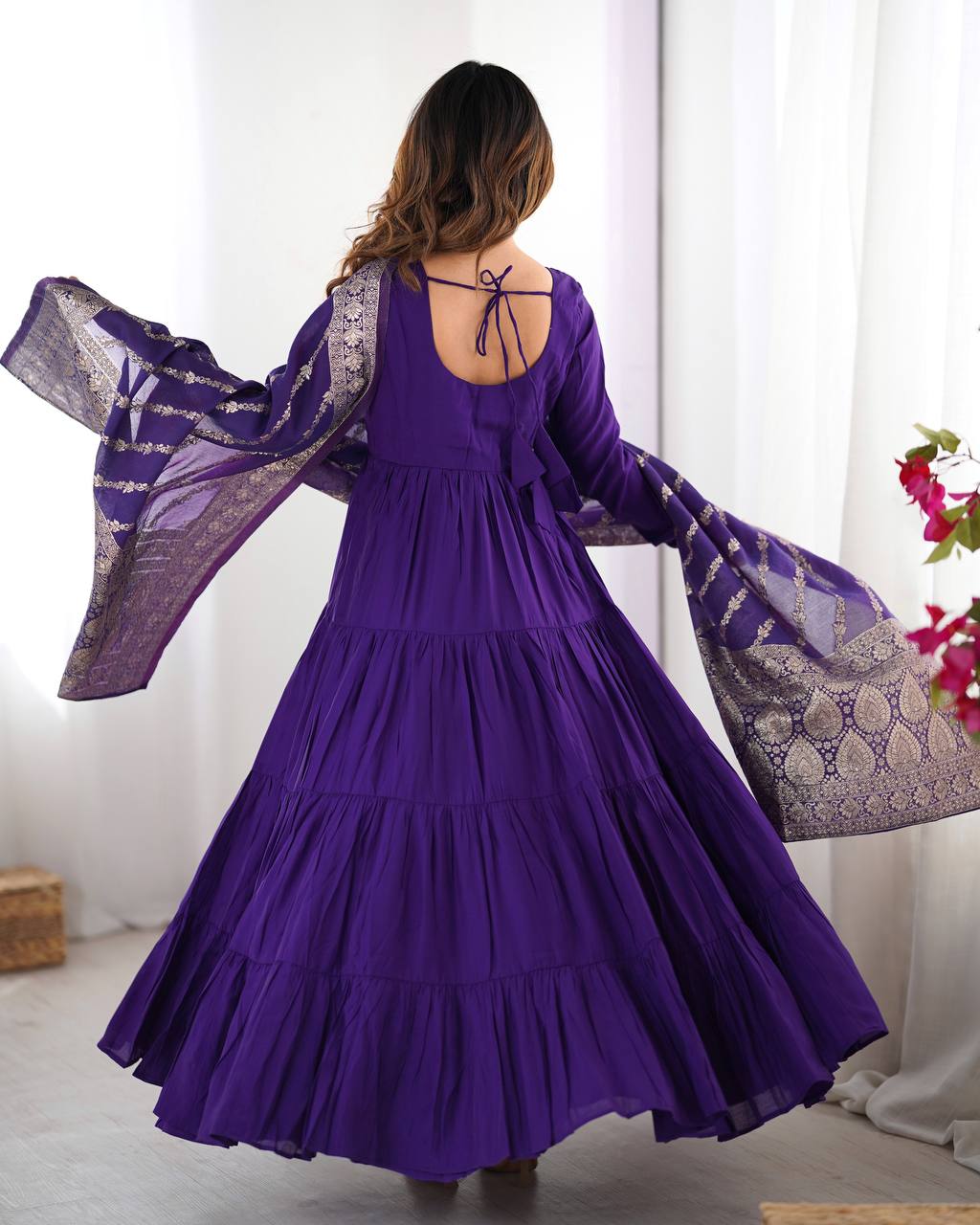 Ashika Roman Silk Flared Purple Anarkali Suit