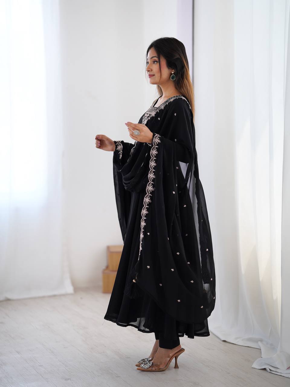 black Anarkali suit in soft Fox Georgette with 6.5-meter flair, beads & zari embroidery, lace sleeves & embroidered dupatta – stitched & ready-to-wear.