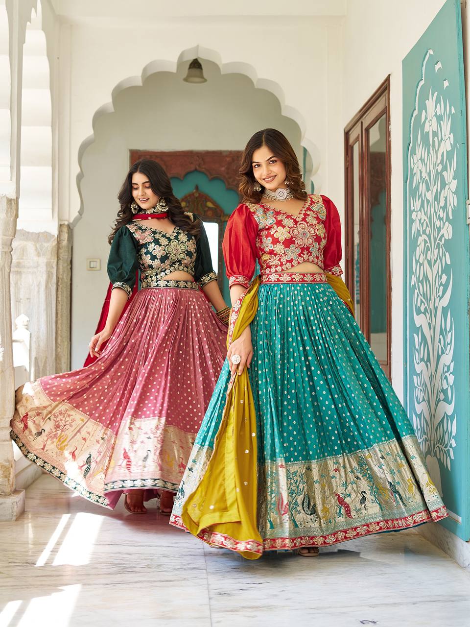 Multicolour silk lehenga choli set with heavy embroidery, sequin, and cording work; includes stitched shimmer lehenga, fully stitched mono silk choli, and embroidered georgette dupatta – perfect for weddings and festive occasions