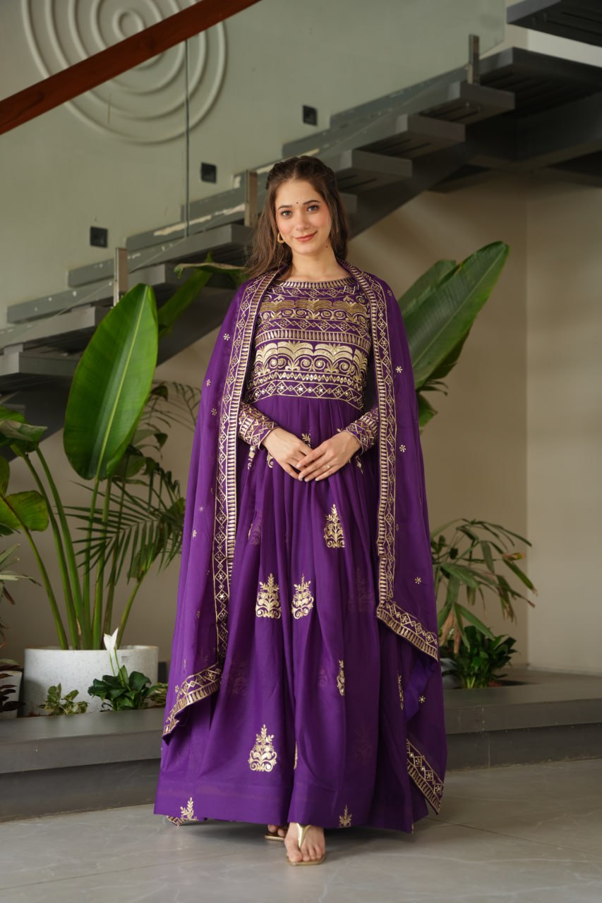 Purple Chinnon gown set with multi-colored sequins and beads embroidery, full sleeves, and matching embroidered dupatta – ideal for festive and wedding occasions