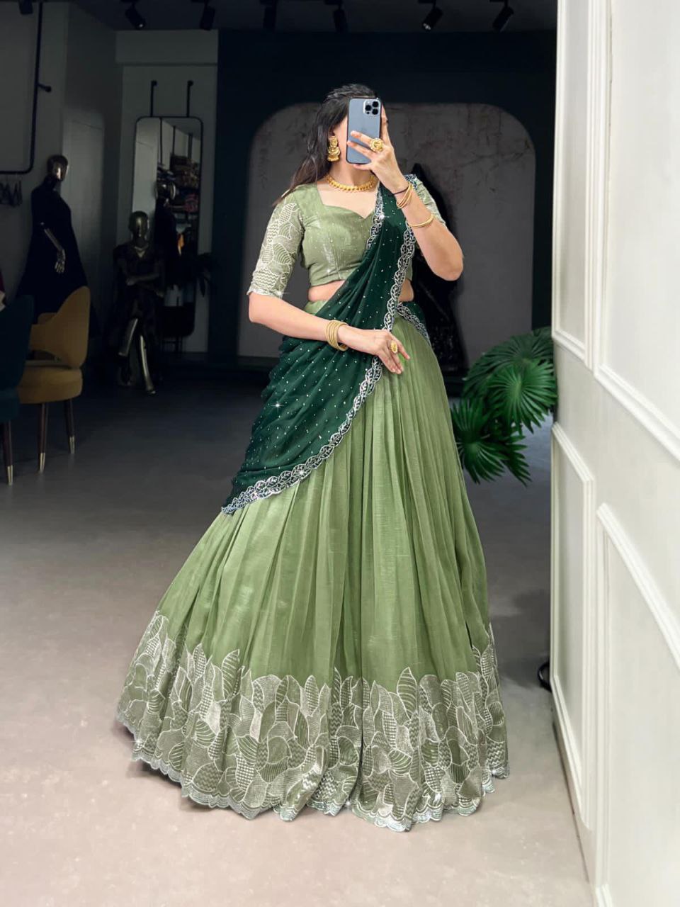 Pista Green Silver Glossy Embroidered with Hotfix Work Lehenga Choli