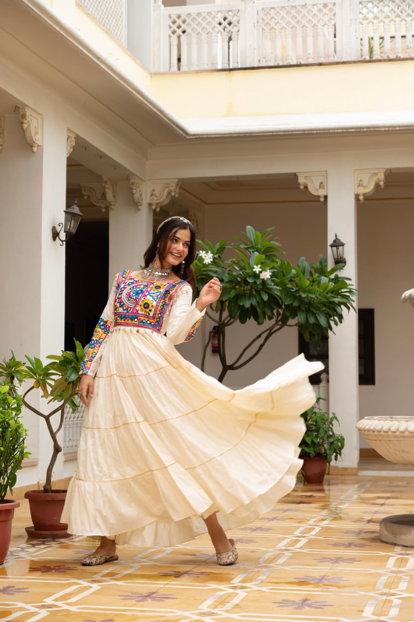 Off-White Kora Cotton Kutchi Gamthi Mirror Work and Kodi Lace Gown