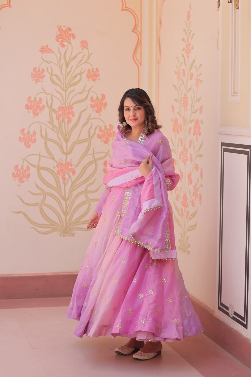 Pink Organza Flair Sequins Zari Embroidery Gown with Dupatta