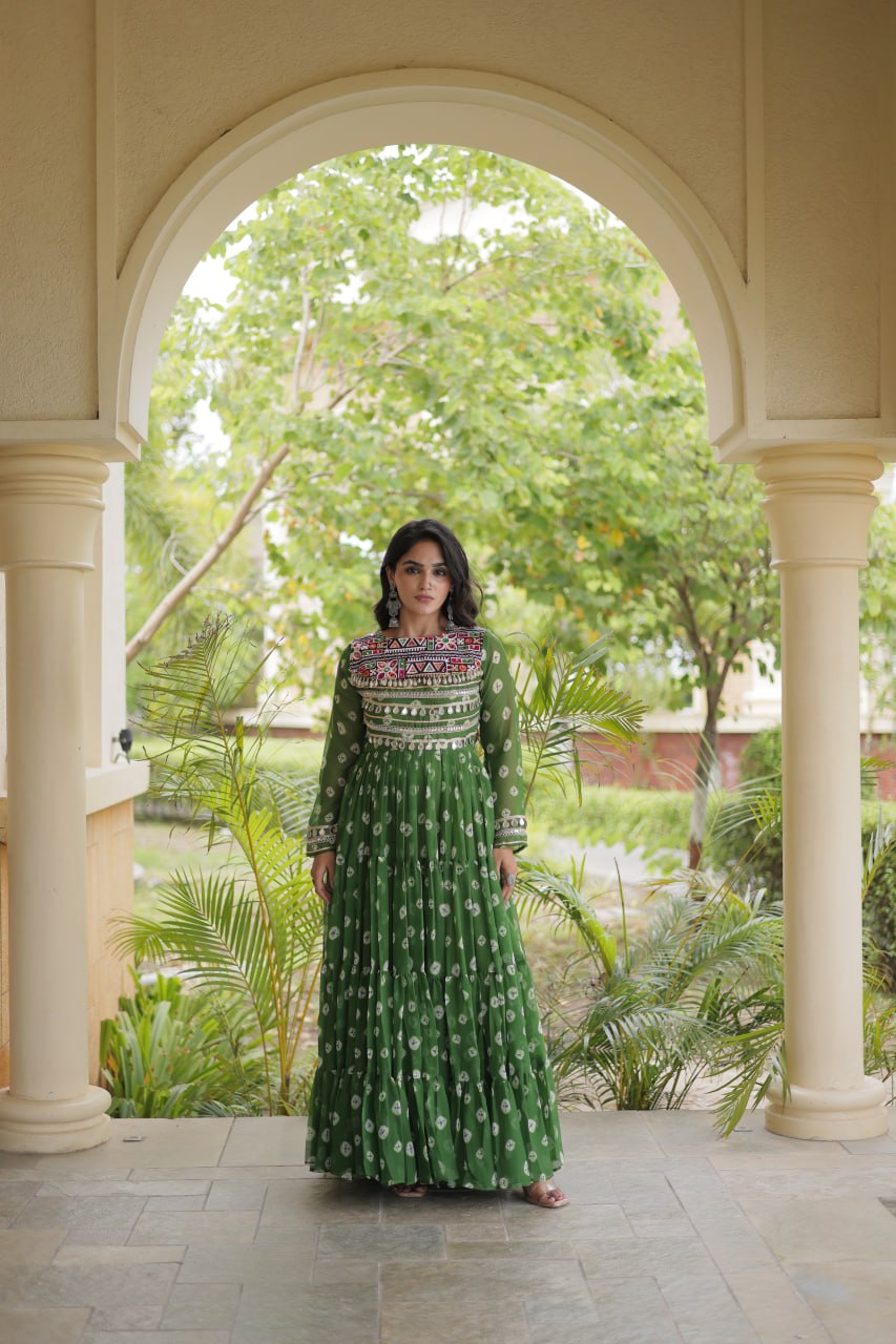 Lavanya Green Faux Georgette Bandhani Kutchi Patchwork Gown