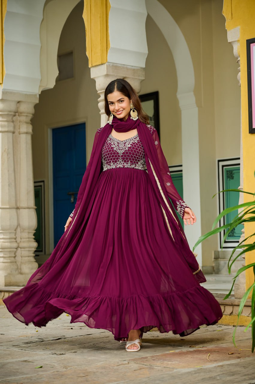 Wine Color Faux Blooming Beads Embroidered Gown with Dupatta