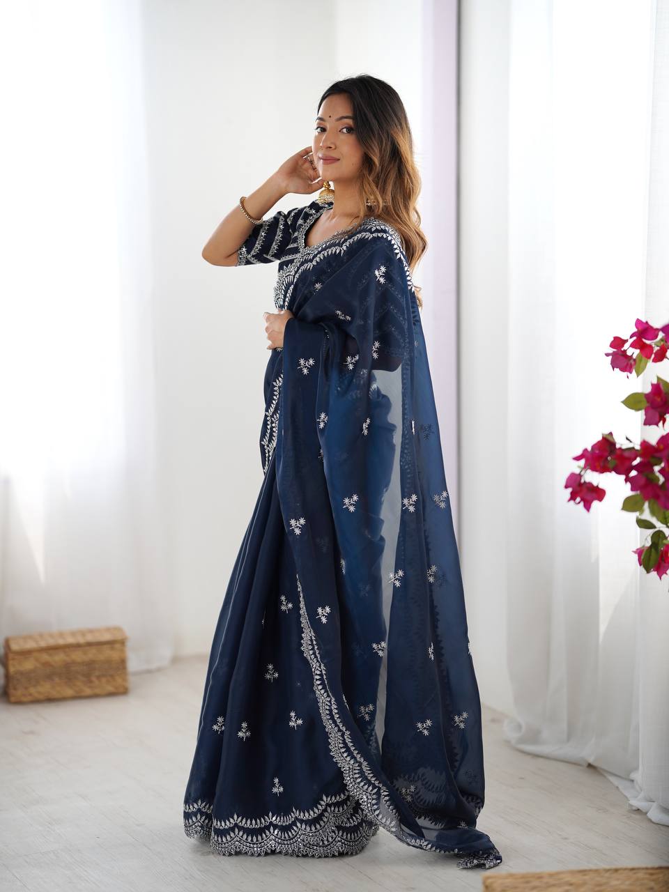 Navy blue Jimmy Choo fabric saree with thread & sequin embroidery, matching blouse—perfect for weddings, parties & festive occasions.