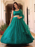 Teal green soft net thread sequins pearl embroidery lehenga choli
