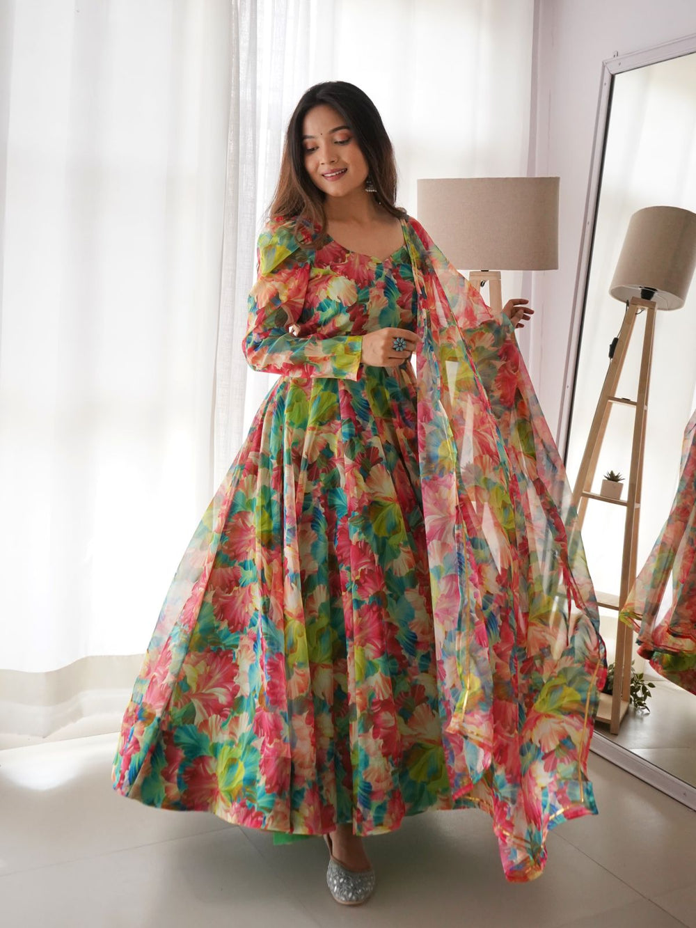 Surbhi tabby silk anarkali trio in organza suit set