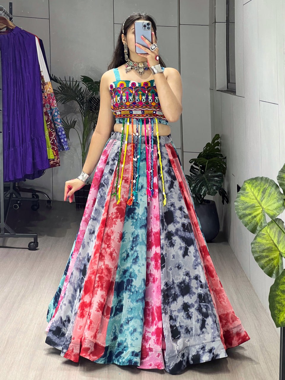 Multicolor Shibori Print Kutchi Work Georgette Fancy Top Lehenga