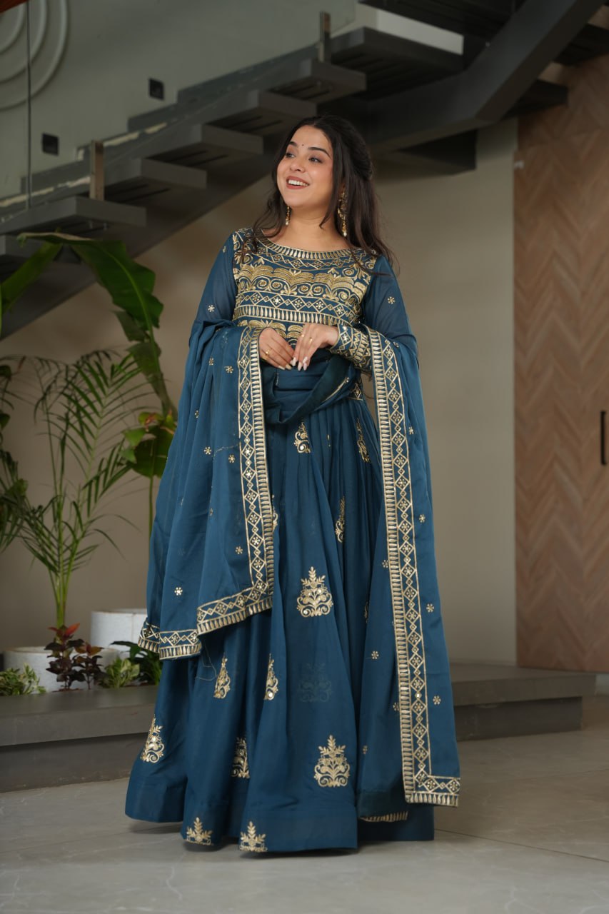 Teal Blue Chinnon Embroidered Gown with Sequins Work and Dupatta