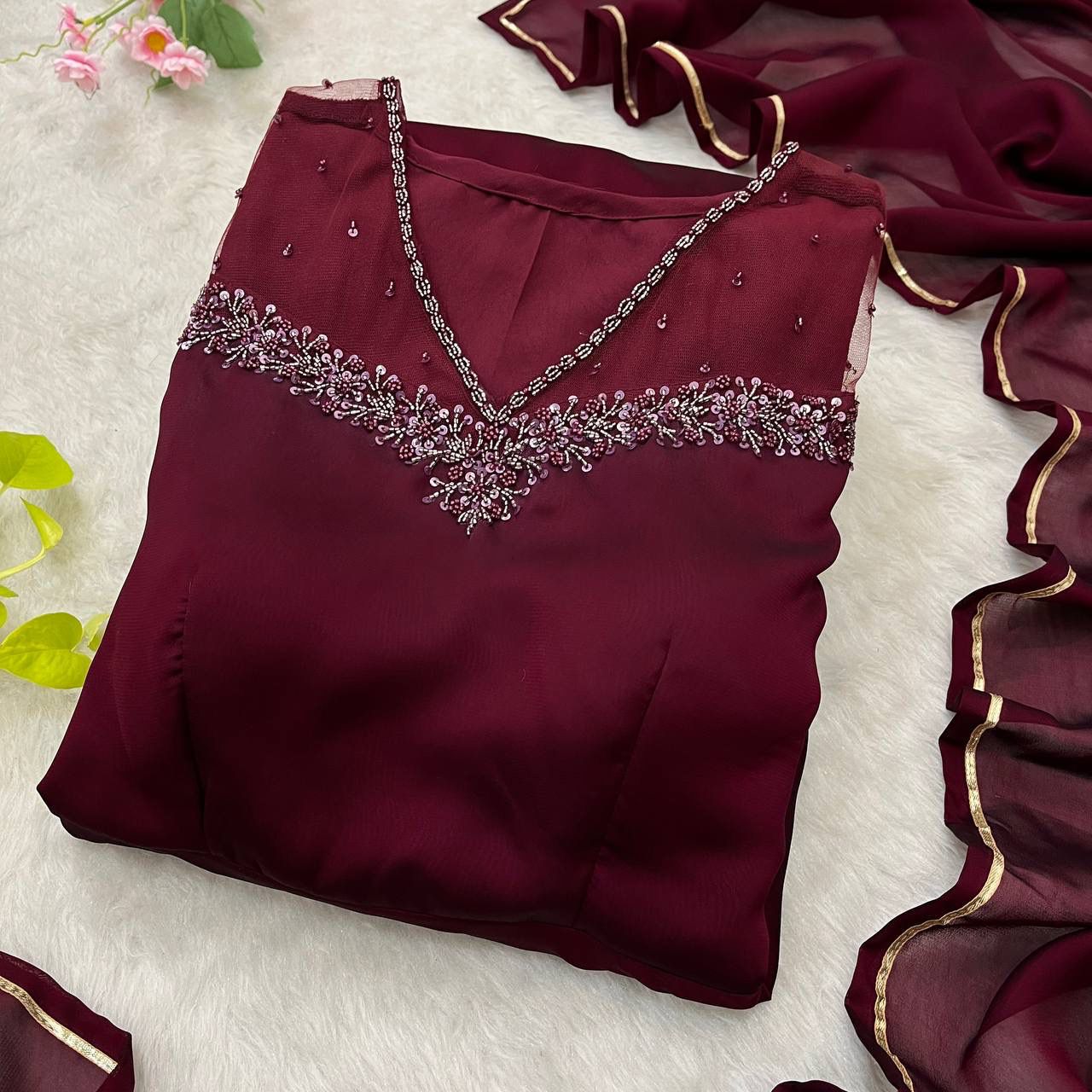 Manha Wine Georgette Embroidered Anarkali Gown Set