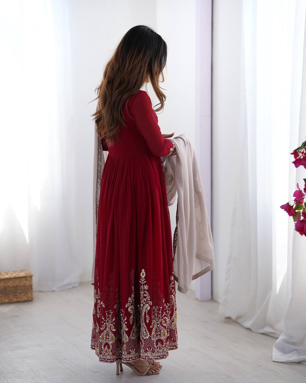 Tejvini Maroon Embroidered Gown Set – heavy georgette gown with multi-thread 5mm sequin embroidery, full sleeves, soft micro cotton lining, paired with matching maroon embroidered dupatta and stitched cotton bottom – ideal for weddings, festive events, and reception looks.