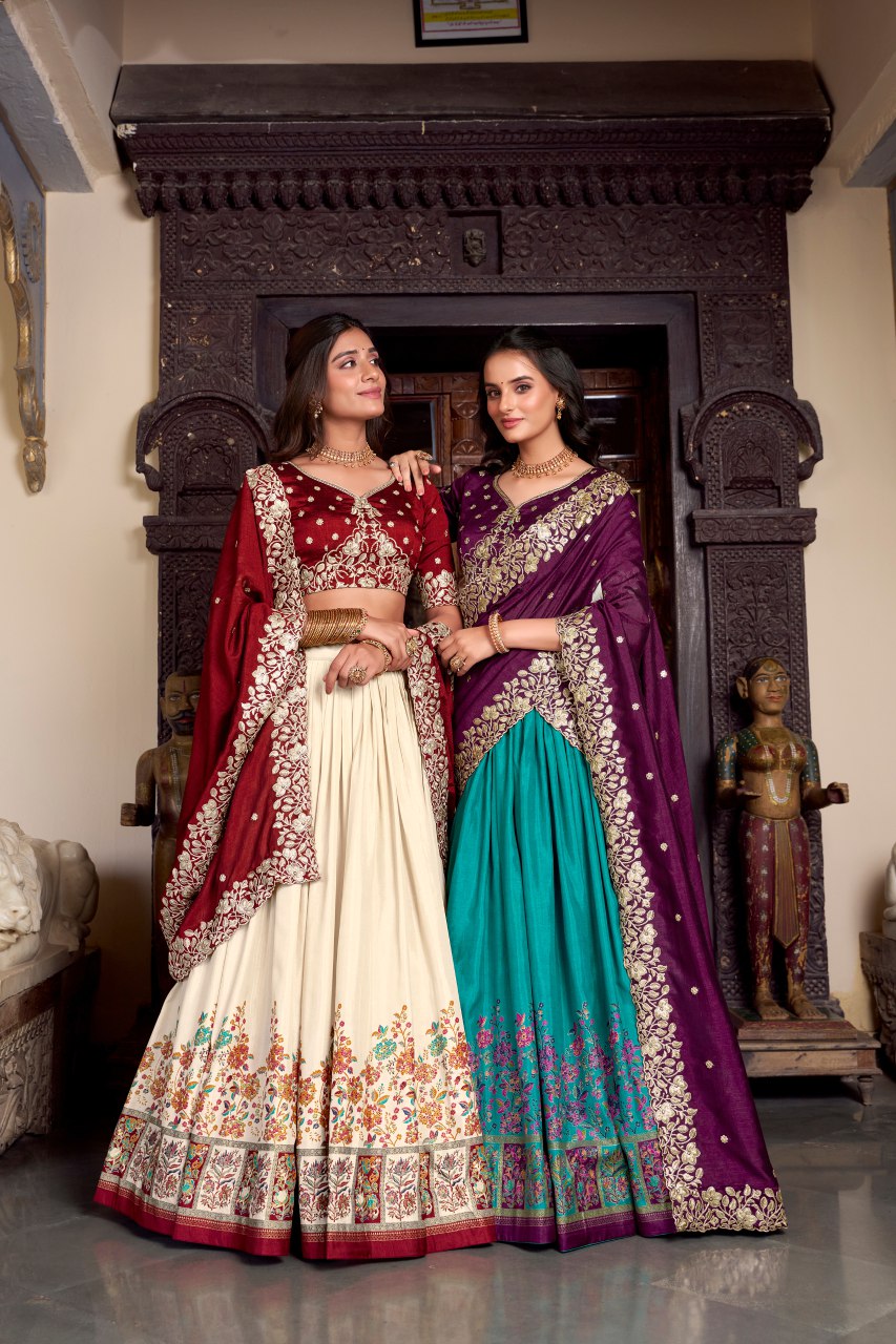 Maroon tussar silk foil print lehenga choli with embroidered dupatta