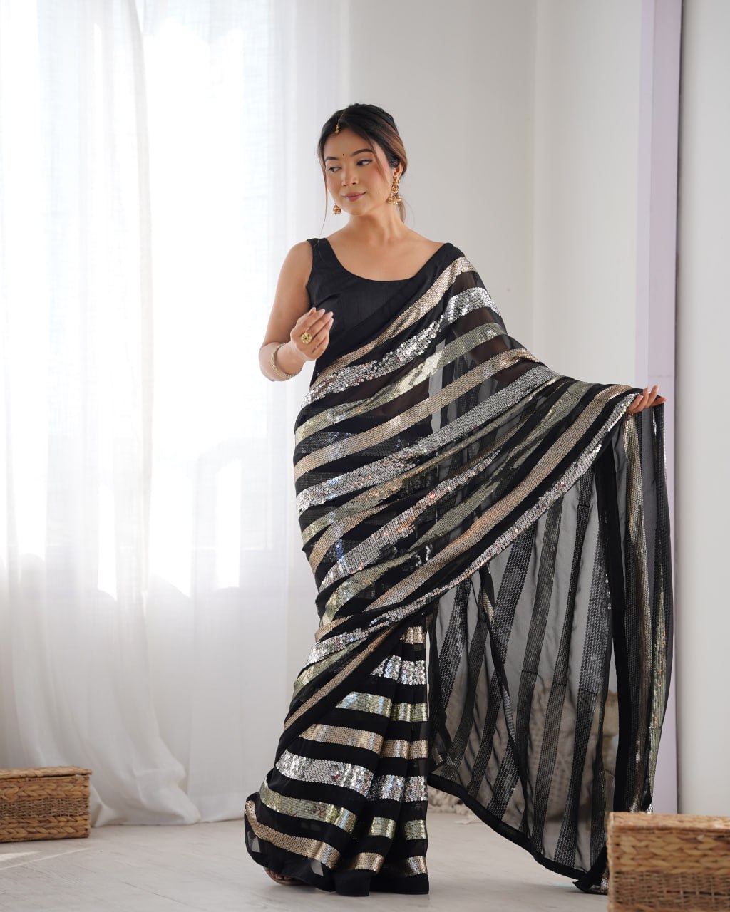 Kira Black Sequin Embroidery Georgette Saree