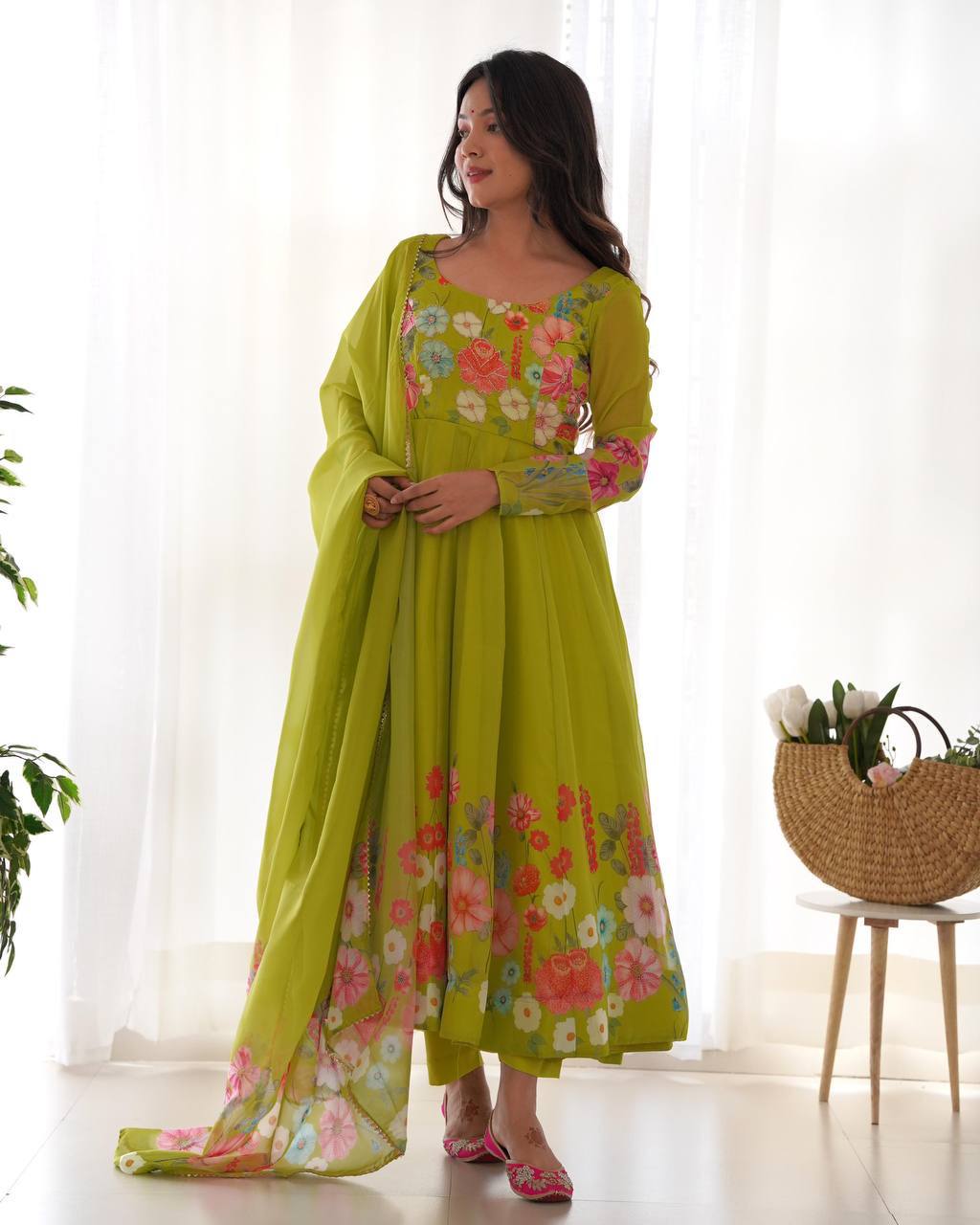 Darshika Green Organza Floral Printed Anarkali Suit Set