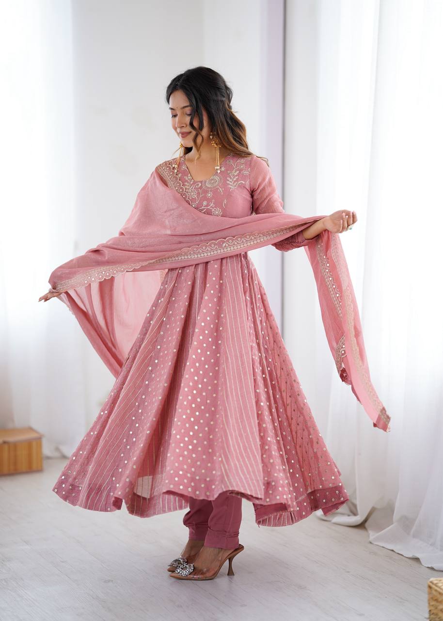 Peach Color Crunchy Silk Embroidered Anarkali Suit Set