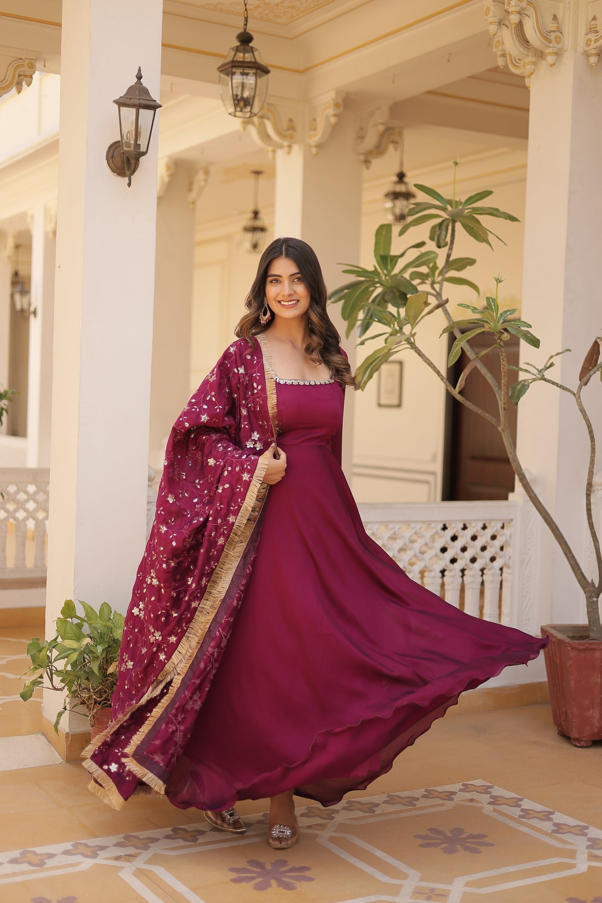 Aparajita Magenta Vichitra Silk Anarkali Gown Set
