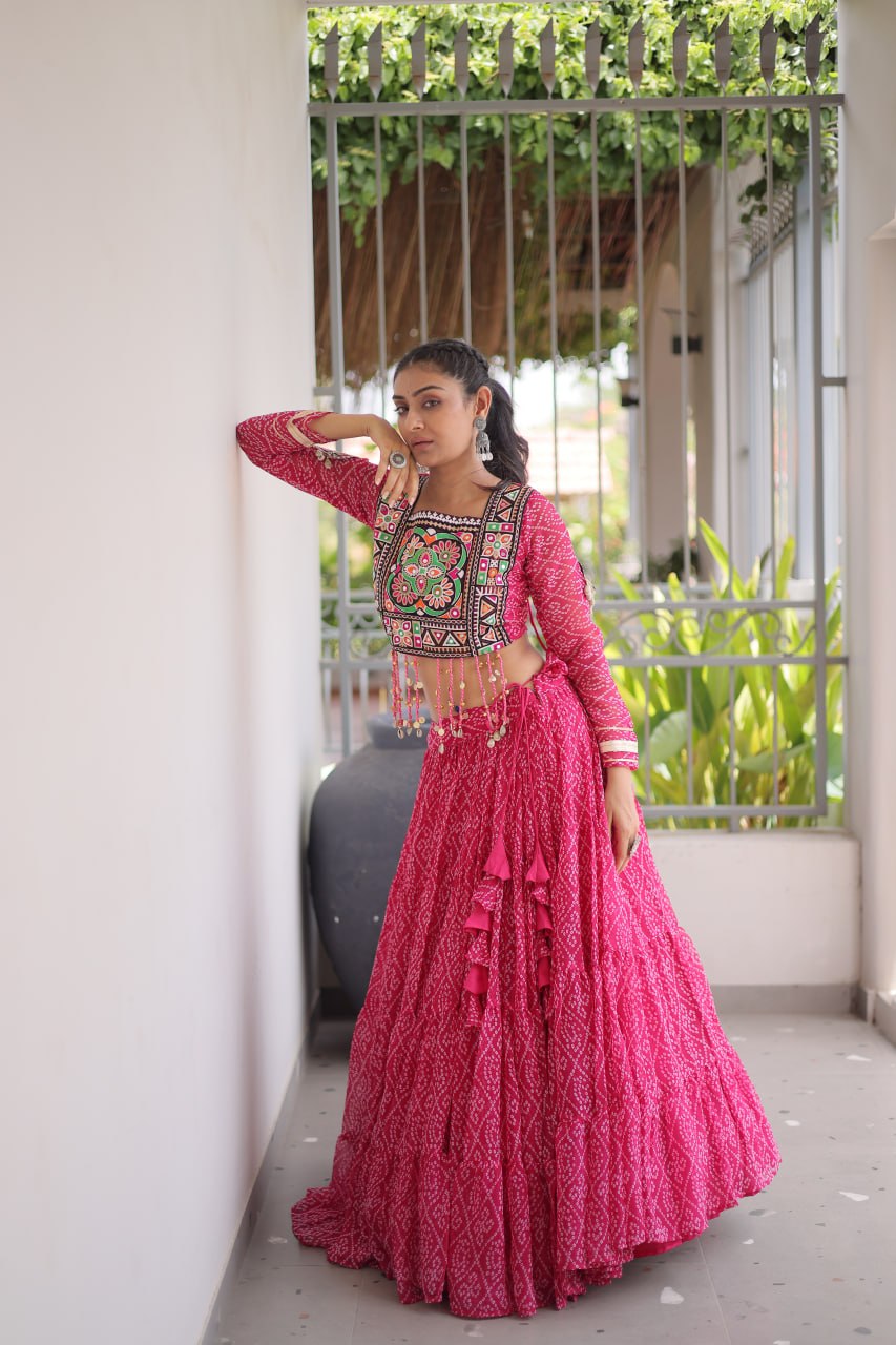 Anjali Pink Faux Georgette Bandhani Kutchi Patchework Lehenga