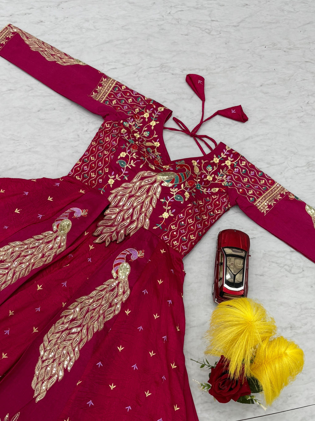 Mani Pink Vichitra Silk Crop Top Peacock Design Lehenga with Embroidered Shrug