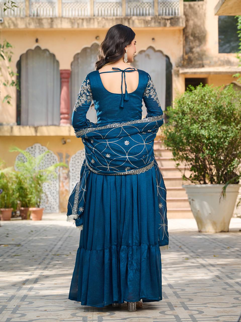 Piya Teal Blue Color Vichitra Silk Sequins Embroidered Gown with Dupatta