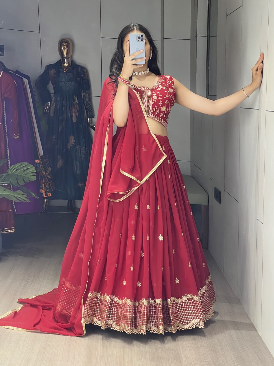 Yami Maroon Color Georgette Embroidered Lehenga Choli with Dupatta