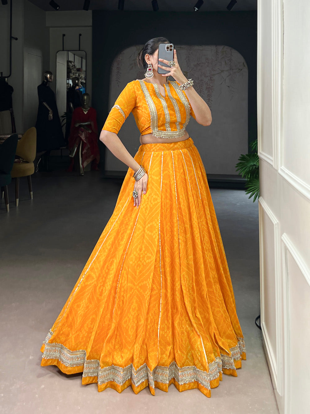 Yellow Chiffon Bandhej Print Gota Patti Lace Work Lehenga Choli