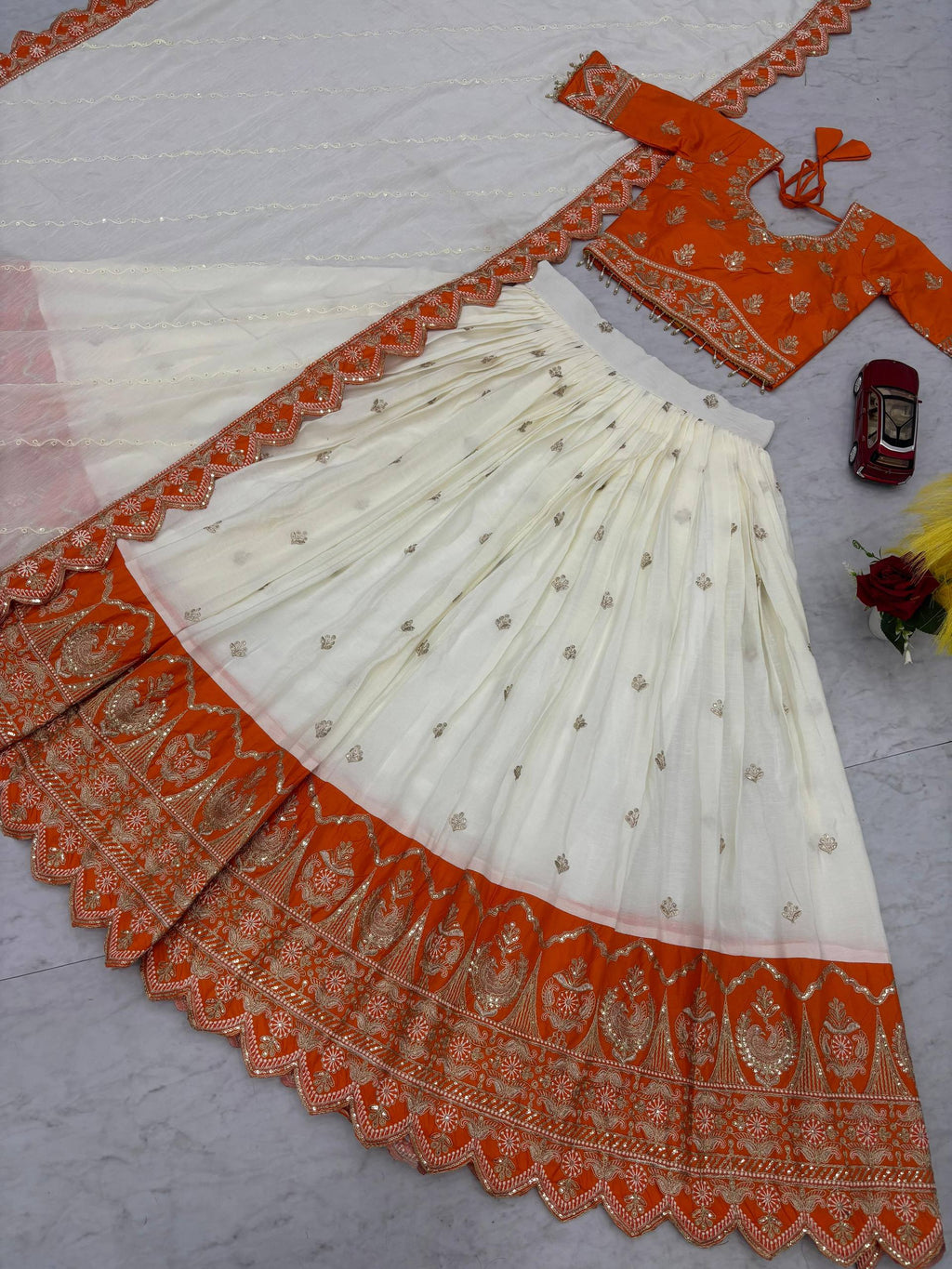 Orange chinon heavy embroidery lehenga choli with dupatta