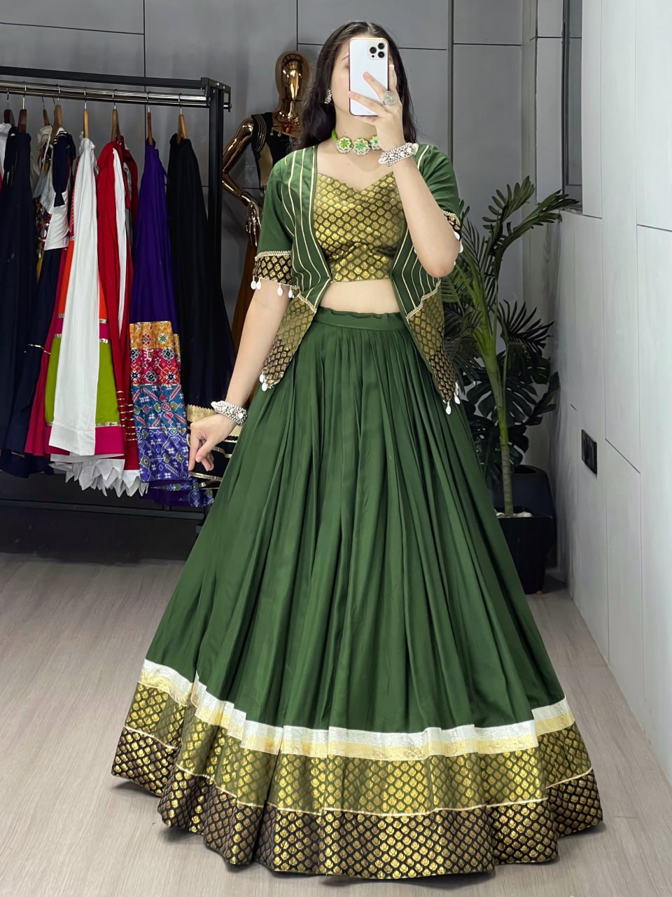 Green Color Pure Rayon Plain Butti Silk Work Lehenga Choli with Gota Patti Koti